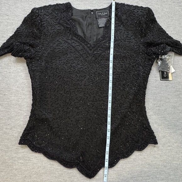 Cote D Azur Evening Womens M Black Beaded Silk Blouse Short Sleeve Back Zip NWT - Picture 10 of 16